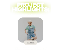 a woman in overalls is posing with the words project highlights